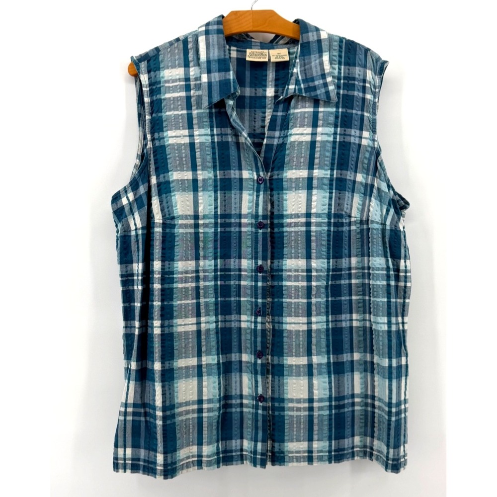 Cotton St. John's Bay Plaid Sleeveless Button Front Shirt Women's 18W Blue